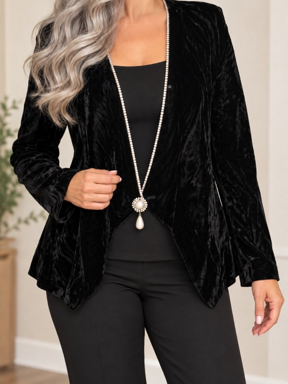 Elegant Black Crushed Velvet Evening Jacket M Rhinestone Pearl Accent